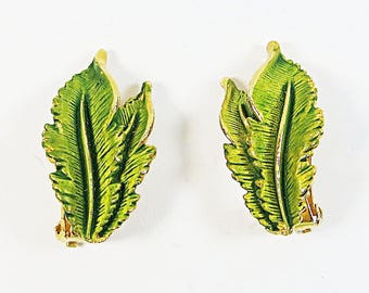 Orecchini a clip smaltati anni '60, design a foglia in smalto verde, color oro, non forati