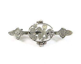 Spilla vittoriana in argento, piccola spilla antica incisa e delicata, con marchio argento