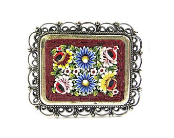 Spilla a micro mosaico vittoriana degli anni '30, spilla vintage a micro mosaico firmata Italia, ricca di splendidi colori