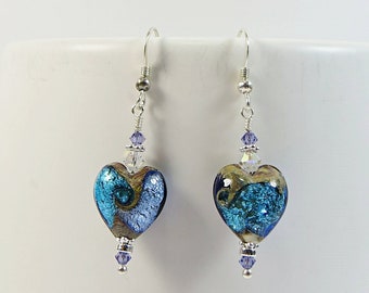 Murano Blue Heart Earrings, Turquoise Purple Tornado Venetian Glass Earrings with White Gold Foil, Sterling Silver & Swarovski Crystal