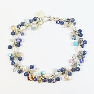 Indigo Blue Bracelet, Handmade Wirewrapped Bracelet w Freshwater Pearls & Gemstones, Iolite, Pearls, Sterling Silver, Swarovski Crystal