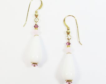 Orecchini pendenti in vetro di Murano, alabastro bianco, vetro veneziano con Swarovski e oro 14 carati, clip disponibili