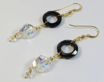 Sparkly Swarovski Crystal Earrings w 14kt Goldfill, Beautiful Black and AB Swarovski Crystal 14kt Goldfill Wirewrapped Earrings