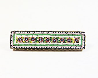 Edwardian Micro Mosaic Brooch Pin, Antique 1900s - 1910s Lovely Micro Mosaic 'Little Row of Flowers' Oblong Shape Brooch in Brass Setting