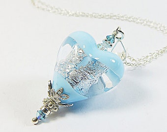 Murano Heart Necklace, Blue Venetian Glass Window Heart Pendant w Silverfoil Inside, with Swarovski Crystal & 925 Sterling Silver