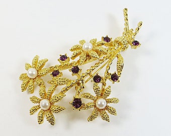 1970's Goldtone Flower Brooch Pin with Amethyst Rhinestones Crystal, Lovely Vintage Flowers Brooch Pin with Crystal and Faux Pearls