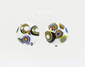 1960s Venetian Glass Clip Earrings, White Millefiore Venetian Glass Small Vintage Non Pierced Earrings