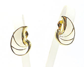 Orecchini a clip smaltati anni '80, firmati 'Soleil', color oro bianco sporco, a spirale, non forati, vintage
