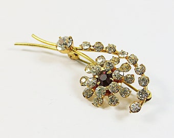 1970s Brooch Pin Red Clear Rhinestone, Small Vintage Goldtone Ruby Crystal Brooch, Flower and Leaf Pin Brooch