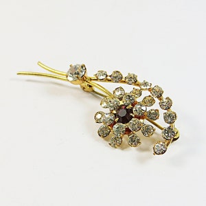 1970s Brooch Pin Red Clear Rhinestone, Small Vintage Goldtone Ruby Crystal Brooch, Flower and Leaf Pin Brooch