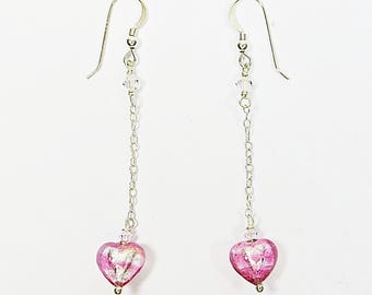 Orecchini In Vetro Di Murano Con Cuore Rosa E Argento Sterling 925 - Eleganti E Artigianali