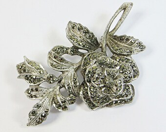 1940-50s Marcasite Brooch Pin, Vintage Large Rose Flowers Cluster Design Silvertone Sparkly Marcasite Dimensional Brooch Pin