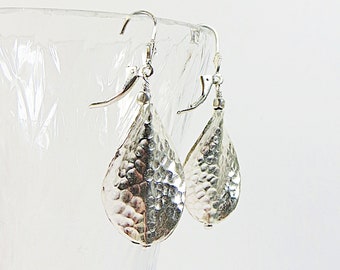 Fairtrade Silver Earrings, Hand Hammered Fine Silver Beads Earrings, Shining Karen Hilltribe Silver and 925 Sterling Silver Earrings