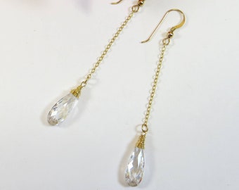 Clear Zircon Earrings w 14kt Goldfill, Sparkling Zircon w 14KT GF Earrings, Delicate Earrings, Lovely Long Linear Elegant Earrings