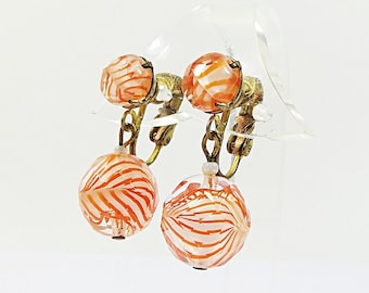 Approx. 1960's Clip On Earrings, Vintage Glass Beads Orange Peachy Striped Bohemian Czech Glass Goldtone Non Pierced Clip On Earrings