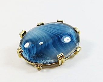 1950s-60s Brooch Pin Blue Glass, Made by Sphinx Blue Stripy Blue Glass Faux Striped Blue Agate Vintage Brooch Pin in Goldtone Setting
