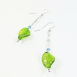 Luxe Venetian Glass Erba Green Twist Earrings Handmade Earrings, Murano Glass w Sterling Silver and Crystal, Clip On Fittings Available