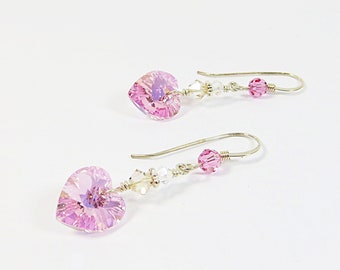 Rose Pink Swarovski Crystal Heart Earrings, Swarovski Deep Rose Heart Earrings with 925 Sterling Silver, Sparkly Heart Earrings
