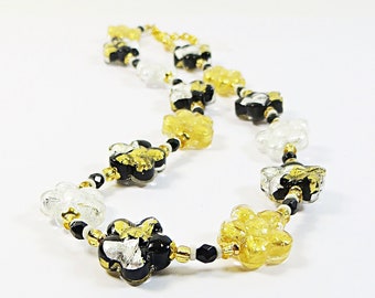 Murano Glass Flowers Necklace, Black, Silver & 24kt Goldfoil Venetian Glass Adjustable Goldtone Necklace, Lovely Gift for Someone Special