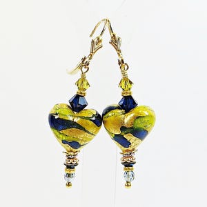 Murano Heart Earrings, Handmade Venetian Glass, Swarovski Crystal, Vermeil Sterling Silver & 14kt Goldfill Earrings, Clip Fittings Available
