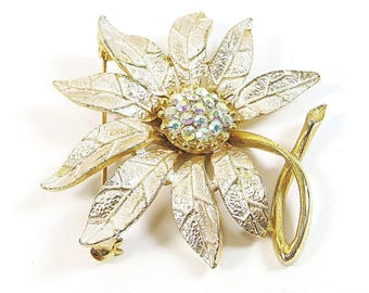 Spilla a forma di margherita anni '60, argento dorato con strass Aurora Boreale / Spilla vintage a forma di fiore in cristallo