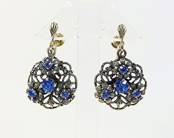 1930s 40s Bohemian Czech Filigree Earrings with Blue Claw Prong Set Rhinestones Crystals with Modern Screw Back Non Pierced Earring Fittings
