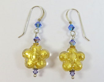 Goldfoil Flower Earrings, Murano Venetian Glass Earrings Crystal Clear 24kt Goldfoil Inside w Swarovski, Gold Vermeil Silver Murano Earrings