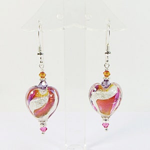 Venetian Glass Earrings, Ruby Red Orange Purple Ink Blue Swirl Murano Hearts w Swarovski & Sterling Silver Earrings, Clip Fittings Available