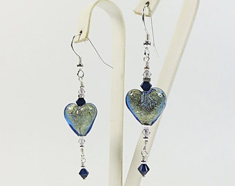 Boucles d’oreilles coeur en verre vénitien Bluino avec feuille d’or jaune 24 carats à l’intérieur, boucles d’oreilles coeur en verre de Murano boucles d’oreilles en or bleu, Swarovski et argent