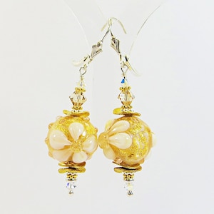 Murano Flowers Earrings, Luxury Earrings Genuine Venetian Glass w 24kt Goldfoil, Swarovski Crystal & Vermeil 925 Sterling Silver