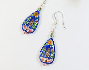 Cloisonne Earrings, Handmade Swarovski Crystal with Blue and Pink Cloisonne Drop Earrings, Option to Change to Non Pierced Earrings Fittings