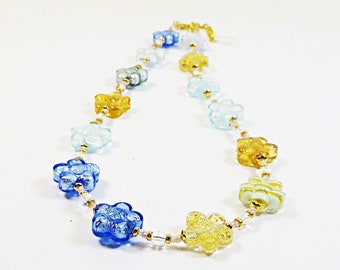 Murano Glass Flowers Necklace, Sapphire Blue, Topaz, 24kt Goldfoil and Blue Stripes Venetian Glass Flowers Adjustable Goldtone Necklace