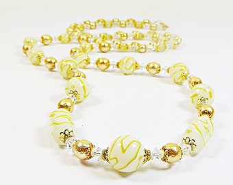 1920s Bohemian Glass Beads Necklace,Vintage Handmade White & Lemon Yellow Swirls Beads w Edwardian Crystal,Swarovski Crystal Pearls Necklace