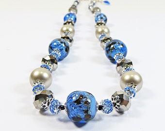 Murano Necklace Upcycled Remodelled, ReDesigned New & Old Blue Silverfoiled Venetian Glass, Swarovski Crystal Pearls and Crystal Necklace