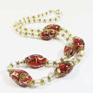 Murano Glass 1980s Necklace, Exquisite Venetian Glass Red Focals, Silver Foiled Round Beads Vintage Necklace, Gold Plated Beadcaps & Clasp