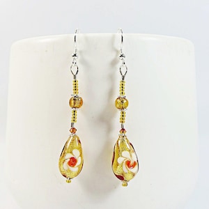 Luxe Venetian Glass Drops Earrings, Murano 24kt Goldfoil w Flower Detail Drop Earrings, Sterling Silver & Swarovski, Clip Fittings Available