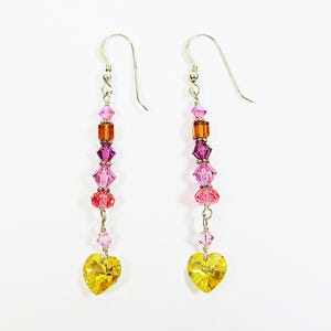 Swarovski and Silver Earrings, Multi Colour Swarovski Crystal Elements Heart Earrings, Bright and Beautiful Earrings w 925 Sterling Silver