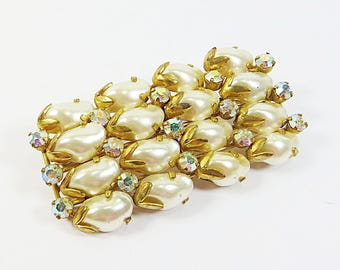 Spilla a spillo anni '40, insolita e interessante spilla vintage in perle di vetro e cristalli color oro