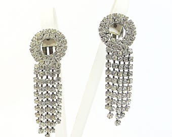 Orecchini a clip anni '60, stile cascata con frange, retro in lamina trasparente, strass di cristallo, orecchini vintage senza foro