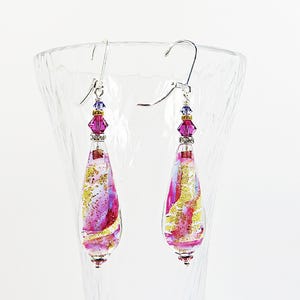 Luxe Venetian Glass Earrings, Handmade Murano Purply-Rose Gold Drop Earrings w 24kt Goldfoil, Vermeil, Swarovski, Clip Fittings Available