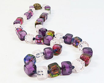 1960s Purple and Rose Bohemian Czech Glass Cube Beads Necklace, Lovely Multicolour Vintage Necklace with Original Brass Filigree Clasp