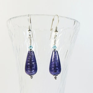 Murano Glass Drops Earrings, Purple Velvet Venetian Glass Drops Earrings with White Gold Inside, Swarovski Crystal and Sterling Silver image 1