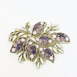 1950s 60s Upcycled Brooch, Leaf Cluster Design Vintage Rescued Enamel Goldtone Crystal Rhinestone Pin