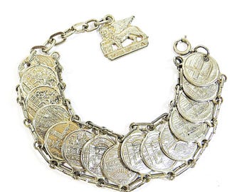 Bracciale Venezia anni '60, favoloso bracciale vintage in argento con maglie a tema veneziano e ciondolo a forma di leone di San Marco, lunghezza regolabile