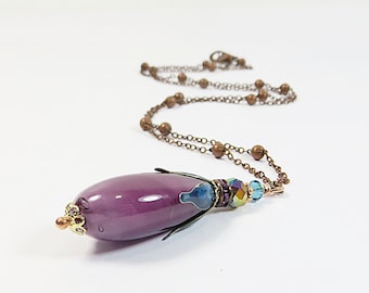 Modern Venetian Glass Purple Drop Pendant Necklace w Aubergine Purple Murano Glass, Swarovski Crystal, Copper, Handpainted Enamel Bead Cap