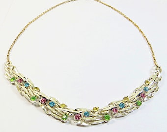 Upcycled 1960s Necklace, Vintage Goldtone Articulated Multicolour Crystal Rhinestones Necklace, Pretty Ready to Wear Vintage Necklace