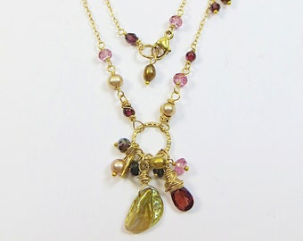 Keishi Pearl Necklace w Pink Topaz & Red Garnet, Green Gold Pearls Necklace, Vermeil and Goldfill Charm Necklace in Olive Green w Gemstones