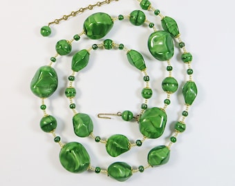 1930s Bohemian Glass Grass Green Satin Beads Restrung & Remodelled Necklace, Upcycled Vintage 30s Czech Necklace, Old Glass Beads Necklace