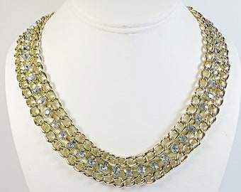 1980s Statement Necklace, Vintage Chunky Crystal and Rhinestone Collar Chain Choker Necklace Adjustable Length, Quality Vintage Necklace