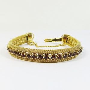 1970s Bracelet, Vintage 70s Goldtone Modernist Mesh Bracelet w Sparkling Cognac Topaz Swarovski Crystal Rhinestones, w Safety Chain & Clasp